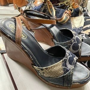 Coach brown/jean/silver 4 inch wedges mild worn .selling matching purse also